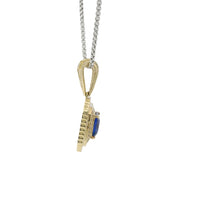 14KT Gold Charm Large Navy Blue Square Center CZ Stone Double Platform Border of Round White CZ Stones Mock Link Border and Bell
