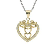 14KT Gold Charm Jumbo White CZ Stones Open Heart Outline with Two Plain Rose Gold Open Heart Center and Plain Bell
