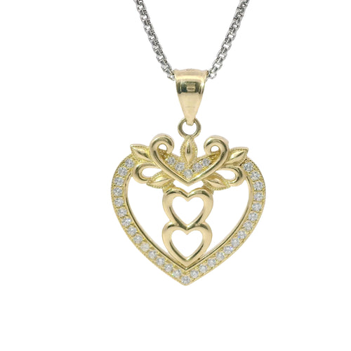 14KT Gold Charm Jumbo White CZ Stones Open Heart Outline with Two Plain Rose Gold Open Heart Center and Plain Bell