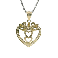 14KT Gold Charm Jumbo White CZ Stones Open Heart Outline with Two Plain Rose Gold Open Heart Center and Plain Bell