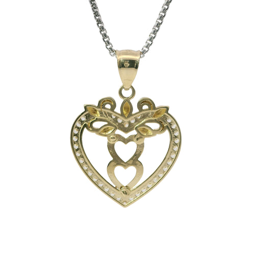 14KT Gold Charm Jumbo White CZ Stones Open Heart Outline with Two Plain Rose Gold Open Heart Center and Plain Bell
