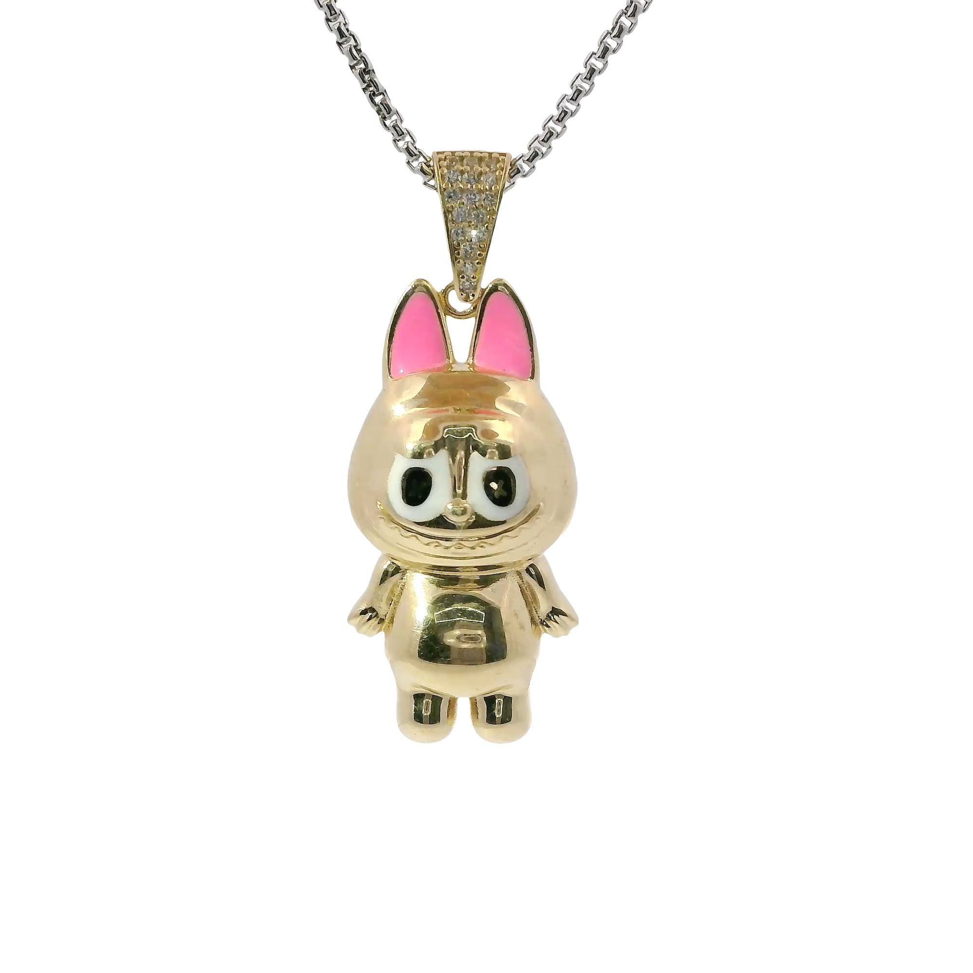 14KT Gold Charm Large 3D Enamel Pink Ears LaBuBu with White CZ Stones Bell