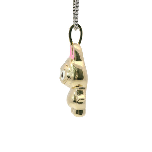 14KT Gold Charm Large 3D Enamel Pink Ears LaBuBu with White CZ Stones Bell