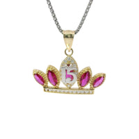 14KT Gold Charm Jumbo Two Tone Quincenaera "15" Center Dark Pink Marquise Crown with White CZ Round Stones Band and Plain Bell