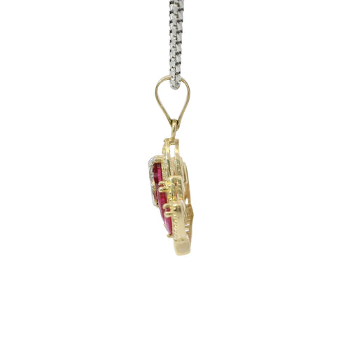 14KT Gold Charm Jumbo Two Tone Quincenaera "15" Center Dark Pink Marquise Crown with White CZ Round Stones Band and Plain Bell