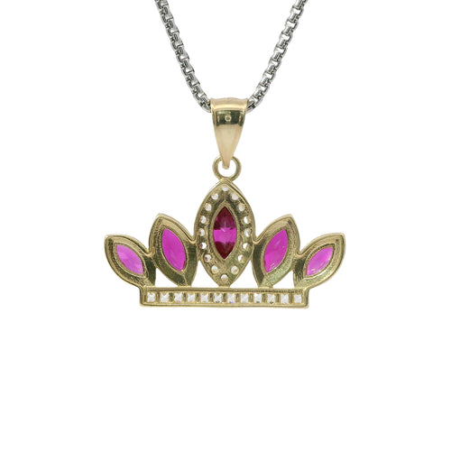 14KT Gold Charm Jumbo Two Tone Quincenaera "15" Center Dark Pink Marquise Crown with White CZ Round Stones Band and Plain Bell