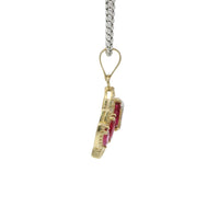 14KT Gold Charm Jumbo Two Tone Quincenaera "15" Center Dark Pink Marquise Crown with White CZ Round Stones Band and Plain Bell