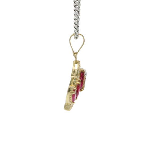 14KT Gold Charm Jumbo Two Tone Quincenaera "15" Center Dark Pink Marquise Crown with White CZ Round Stones Band and Plain Bell