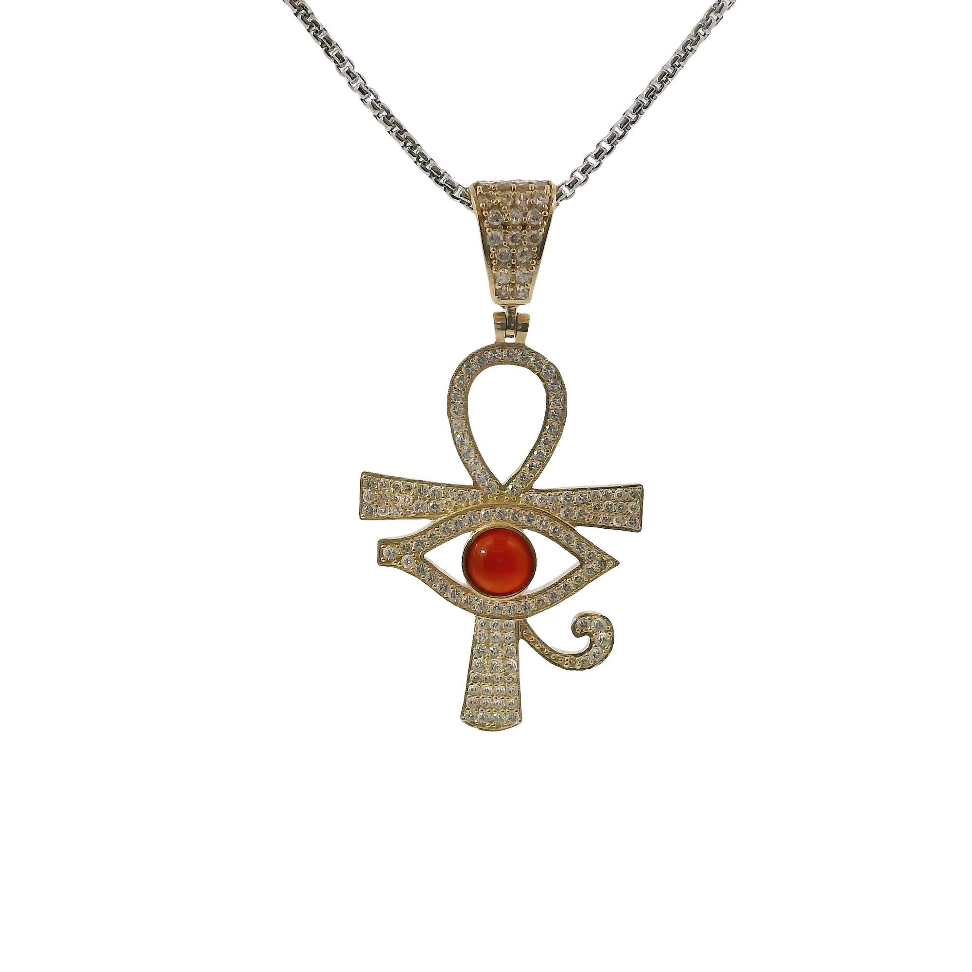 14KT Gold Charm Large White CZ Stones Ankh with Red Eye of Horus Center and White CZ Stones Bell