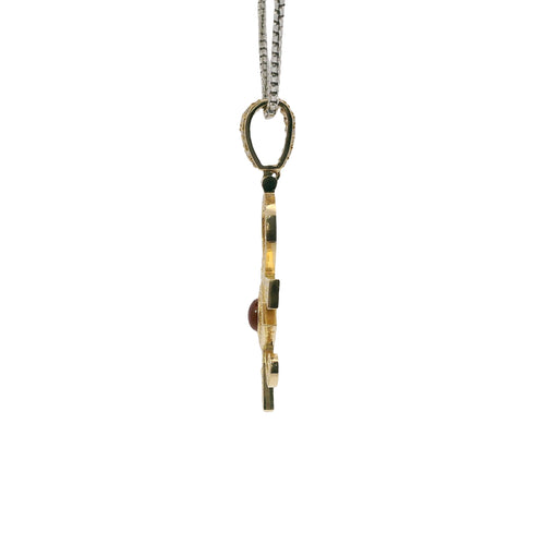 14KT Gold Charm Large White CZ Stones Ankh with Red Eye of Horus Center and White CZ Stones Bell
