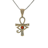 14KT Gold Charm Large White CZ Stones Ankh with Red Eye of Horus Center and White CZ Stones Bell