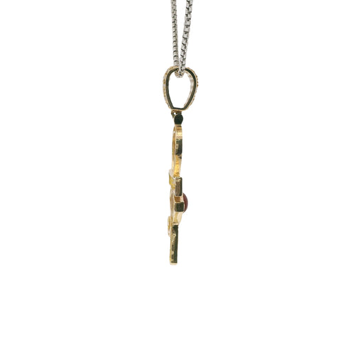 14KT Gold Charm Large White CZ Stones Ankh with Red Eye of Horus Center and White CZ Stones Bell