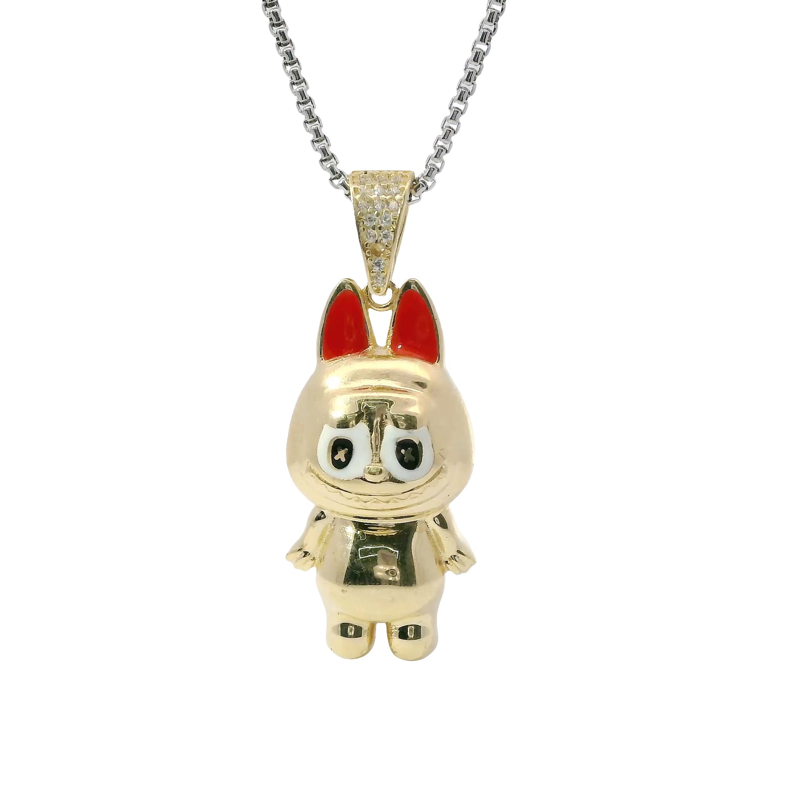 14KT Gold Charm Large 3D Enamel Red Ears LaBuBu with White CZ Stones Bell