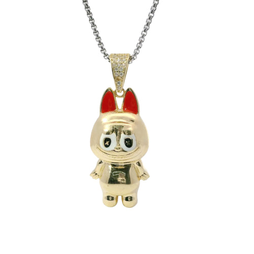 14KT Gold Charm Large 3D Enamel Red Ears LaBuBu with White CZ Stones Bell