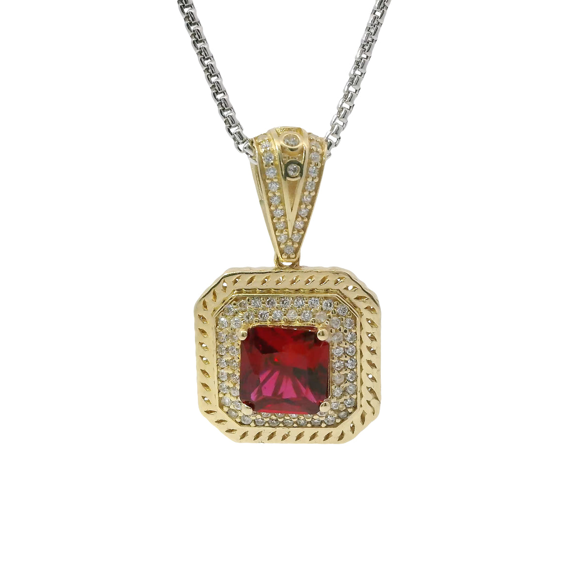 14KT Gold Charm Large Red Square Center CZ Stone Double Platform Border of Round White CZ Stones Mock Link Border and Bell