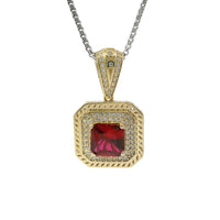 14KT Gold Charm Large Red Square Center CZ Stone Double Platform Border of Round White CZ Stones Mock Link Border and Bell
