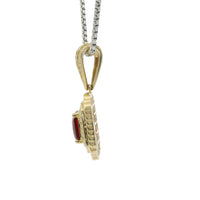 14KT Gold Charm Large Red Square Center CZ Stone Double Platform Border of Round White CZ Stones Mock Link Border and Bell