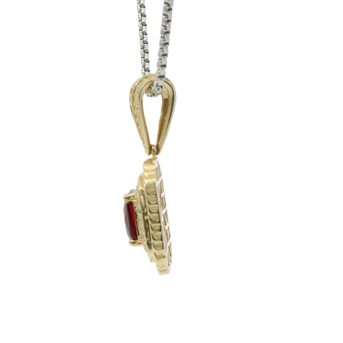 14KT Gold Charm Large Red Square Center CZ Stone Double Platform Border of Round White CZ Stones Mock Link Border and Bell