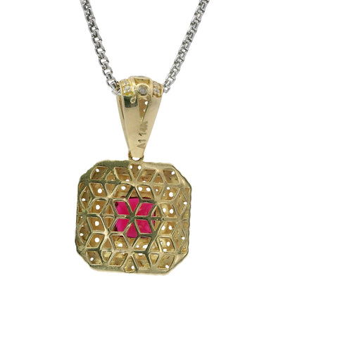 14KT Gold Charm Large Red Square Center CZ Stone Double Platform Border of Round White CZ Stones Mock Link Border and Bell
