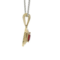 14KT Gold Charm Large Red Square Center CZ Stone Double Platform Border of Round White CZ Stones Mock Link Border and Bell