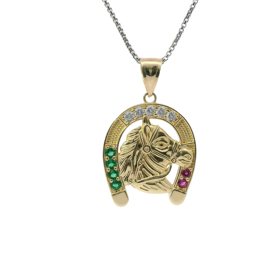 14KT Gold Charm Large Horsehead Center with Red, White, and Green CZ Stones Horseshoe Border and Plain Bell