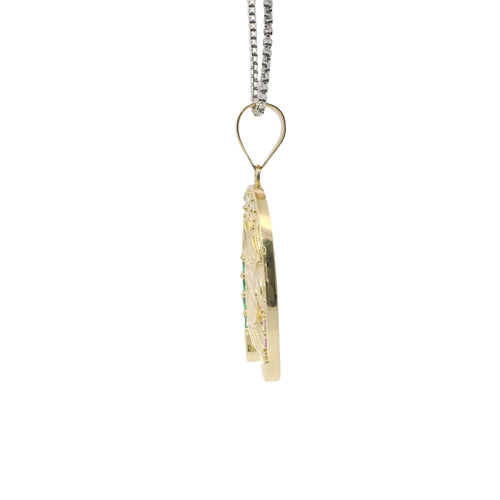 14KT Gold Charm Large Horsehead Center with Red, White, and Green CZ Stones Horseshoe Border and Plain Bell