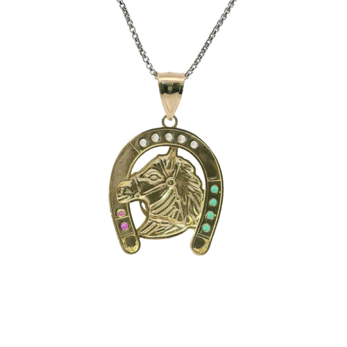 14KT Gold Charm Large Horsehead Center with Red, White, and Green CZ Stones Horseshoe Border and Plain Bell