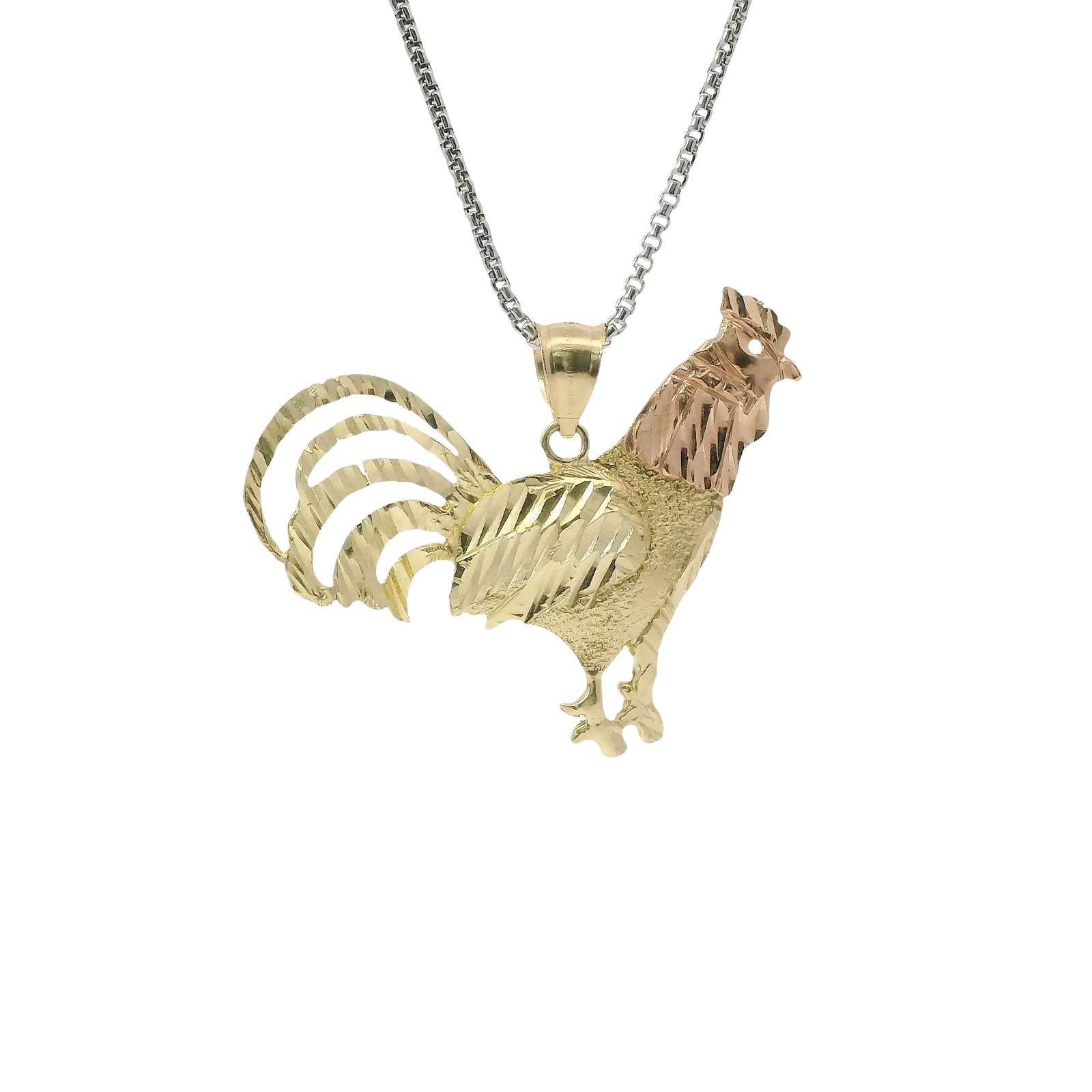14KT Gold Charm Jumbo Two Tone Diamond Cut Rooster with Plain Bell