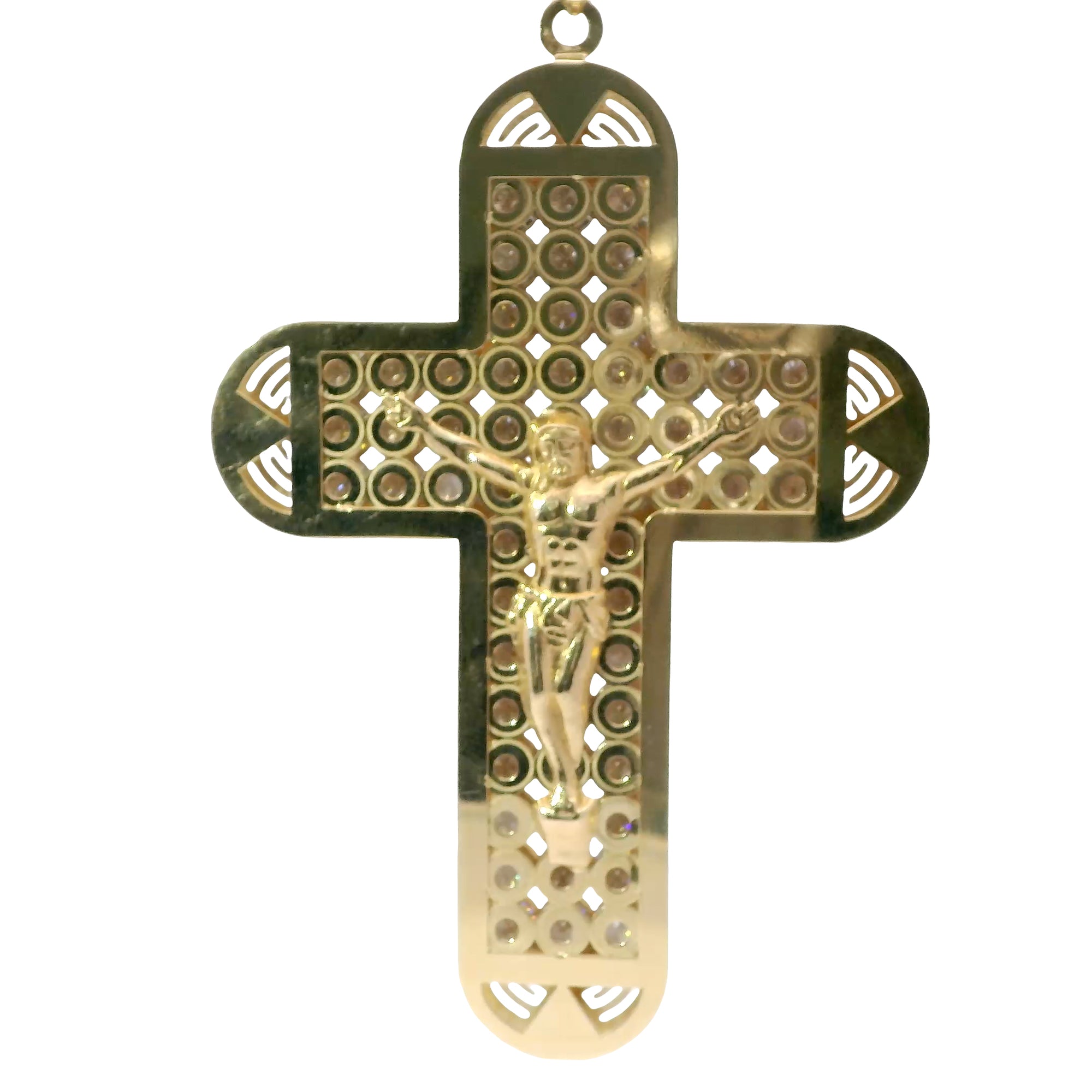14KT Gold Charm Giant Rounded End Cross with Jesus Crucifix Center and White CZ Stones Background with Plain Border and Plain Bell