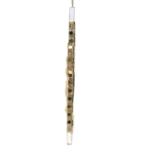 14KT Gold Charm Giant Rounded End Cross with Jesus Crucifix Center and White CZ Stones Background with Plain Border and Plain Bell