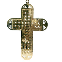 14KT Gold Charm Giant Rounded End Cross with Jesus Crucifix Center and White CZ Stones Background with Plain Border and Plain Bell