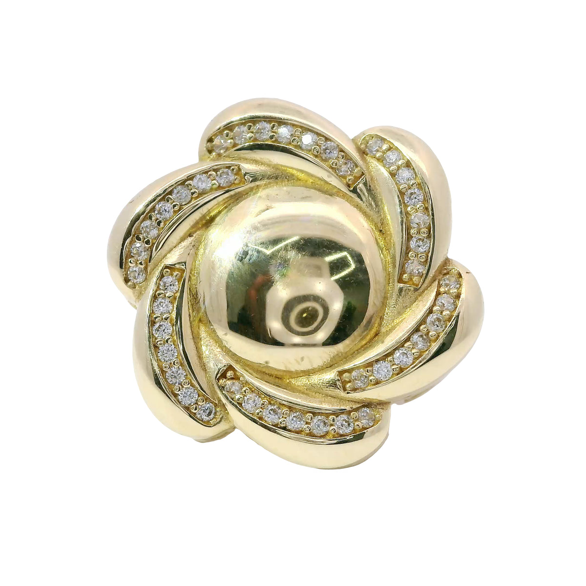 14KT Gold Ring Women's Jumbo Six Petal Pinwheel Flower Plain Center White CZ Stones on Petals with Triple Row White CZ Stones on Edge with Plain Band