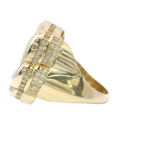 14KT Gold Ring Women's Jumbo Six Petal Pinwheel Flower Plain Center White CZ Stones on Petals with Triple Row White CZ Stones on Edge with Plain Band