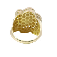 14KT Gold Ring Women's Jumbo Six Petal Pinwheel Flower Plain Center White CZ Stones on Petals with Triple Row White CZ Stones on Edge with Plain Band