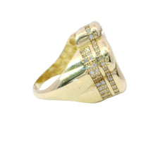 14KT Gold Ring Women's Jumbo Six Petal Pinwheel Flower Plain Center White CZ Stones on Petals with Triple Row White CZ Stones on Edge with Plain Band