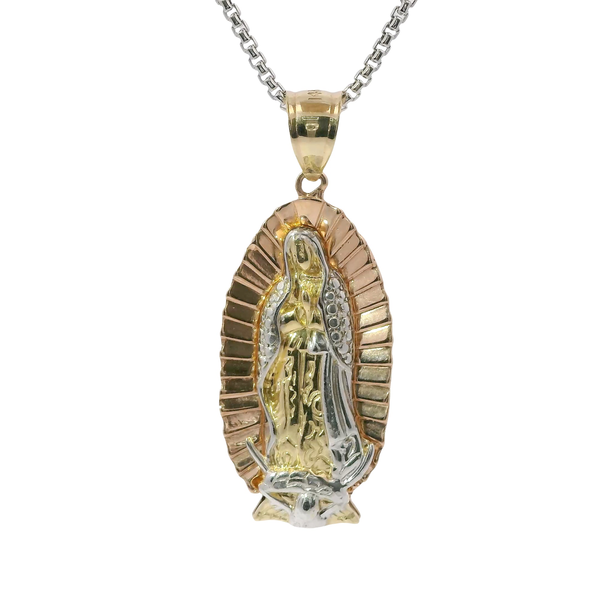 14KT Gold Charm Jumbo Tri Tone Virgin Mary with White Gold Robe and Plain Bell