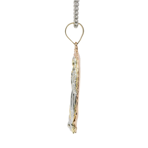 14KT Gold Charm Jumbo Tri Tone Virgin Mary with White Gold Robe and Plain Bell