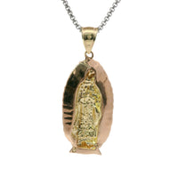 14KT Gold Charm Jumbo Tri Tone Virgin Mary with White Gold Robe and Plain Bell