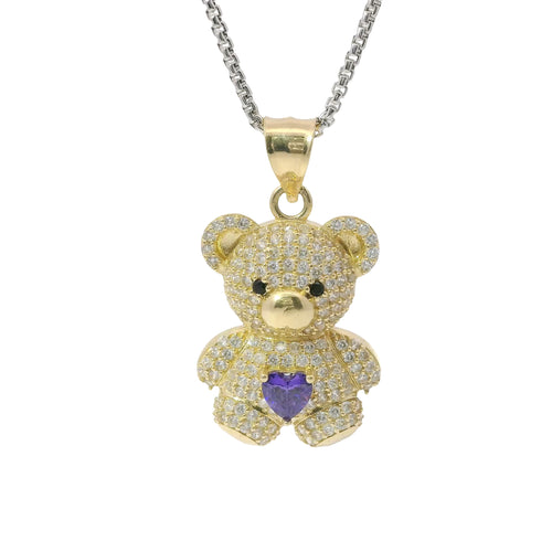 14KT Gold Charm Extra Large White CZ Stones Teddy with Purple Heart Belly and Plain Bell