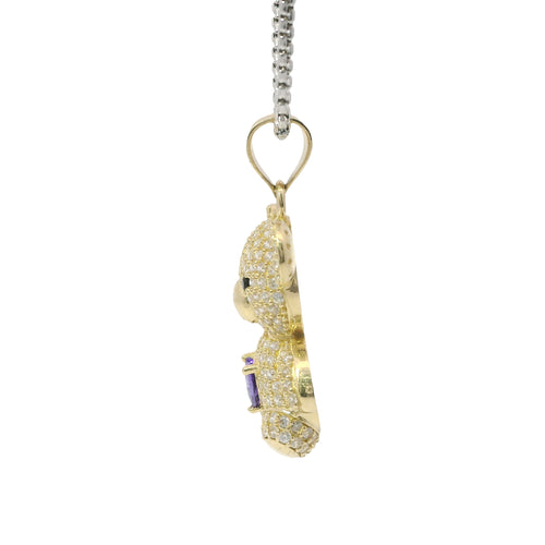 14KT Gold Charm Extra Large White CZ Stones Teddy with Purple Heart Belly and Plain Bell