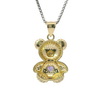 14KT Gold Charm Extra Large White CZ Stones Teddy with Purple Heart Belly and Plain Bell