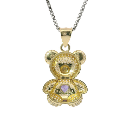 14KT Gold Charm Extra Large White CZ Stones Teddy with Purple Heart Belly and Plain Bell