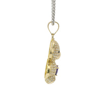 14KT Gold Charm Extra Large White CZ Stones Teddy with Purple Heart Belly and Plain Bell