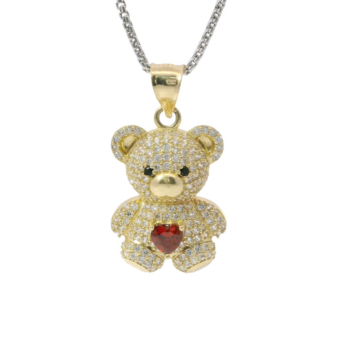 14KT Gold Charm Extra Large White CZ Stones Teddy Bear with Red Heart Belly and Plain Bell