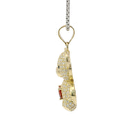14KT Gold Charm Extra Large White CZ Stones Teddy Bear with Red Heart Belly and Plain Bell