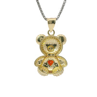 14KT Gold Charm Extra Large White CZ Stones Teddy Bear with Red Heart Belly and Plain Bell