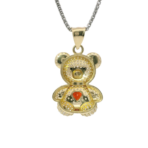 14KT Gold Charm Extra Large White CZ Stones Teddy Bear with Red Heart Belly and Plain Bell
