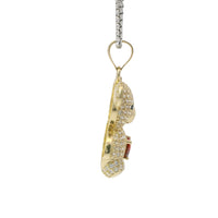 14KT Gold Charm Extra Large White CZ Stones Teddy Bear with Red Heart Belly and Plain Bell