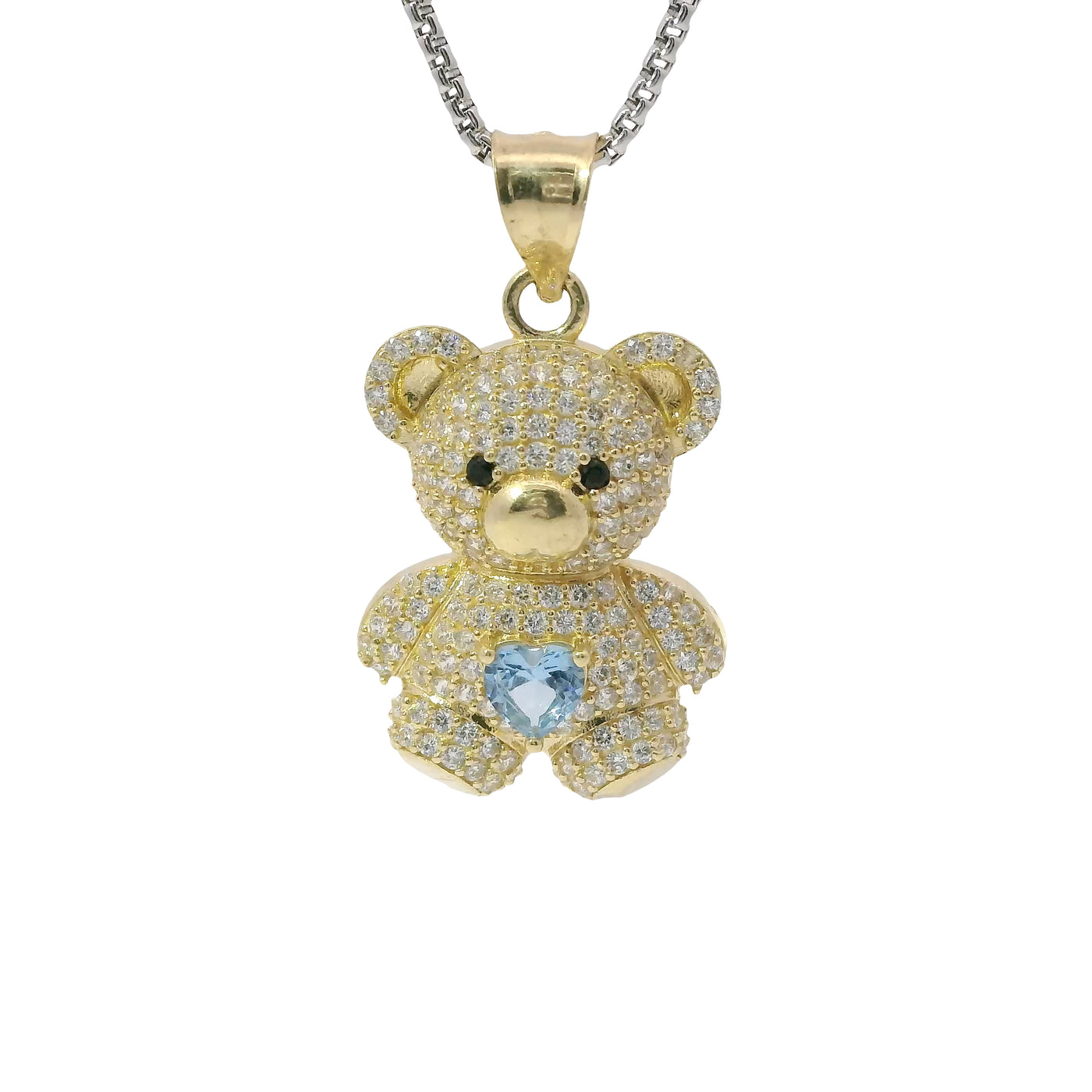 14KT Gold Charm Extra Large White CZ Stones Teddy Bear with Light Blue Heart Belly and Plain Bell