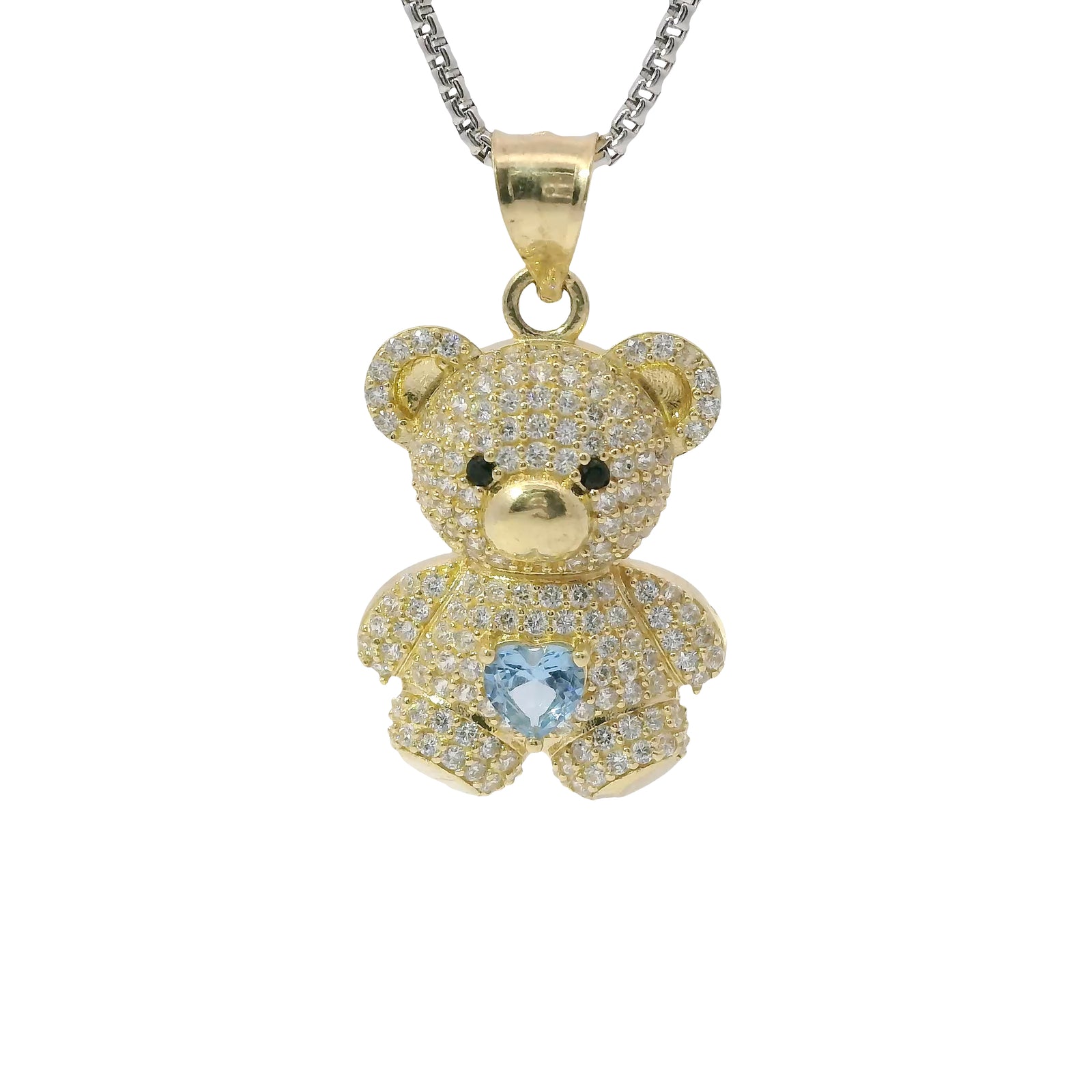 14KT Gold Charm Extra Large White CZ Stones Teddy Bear with Light Blue Heart Belly and Plain Bell